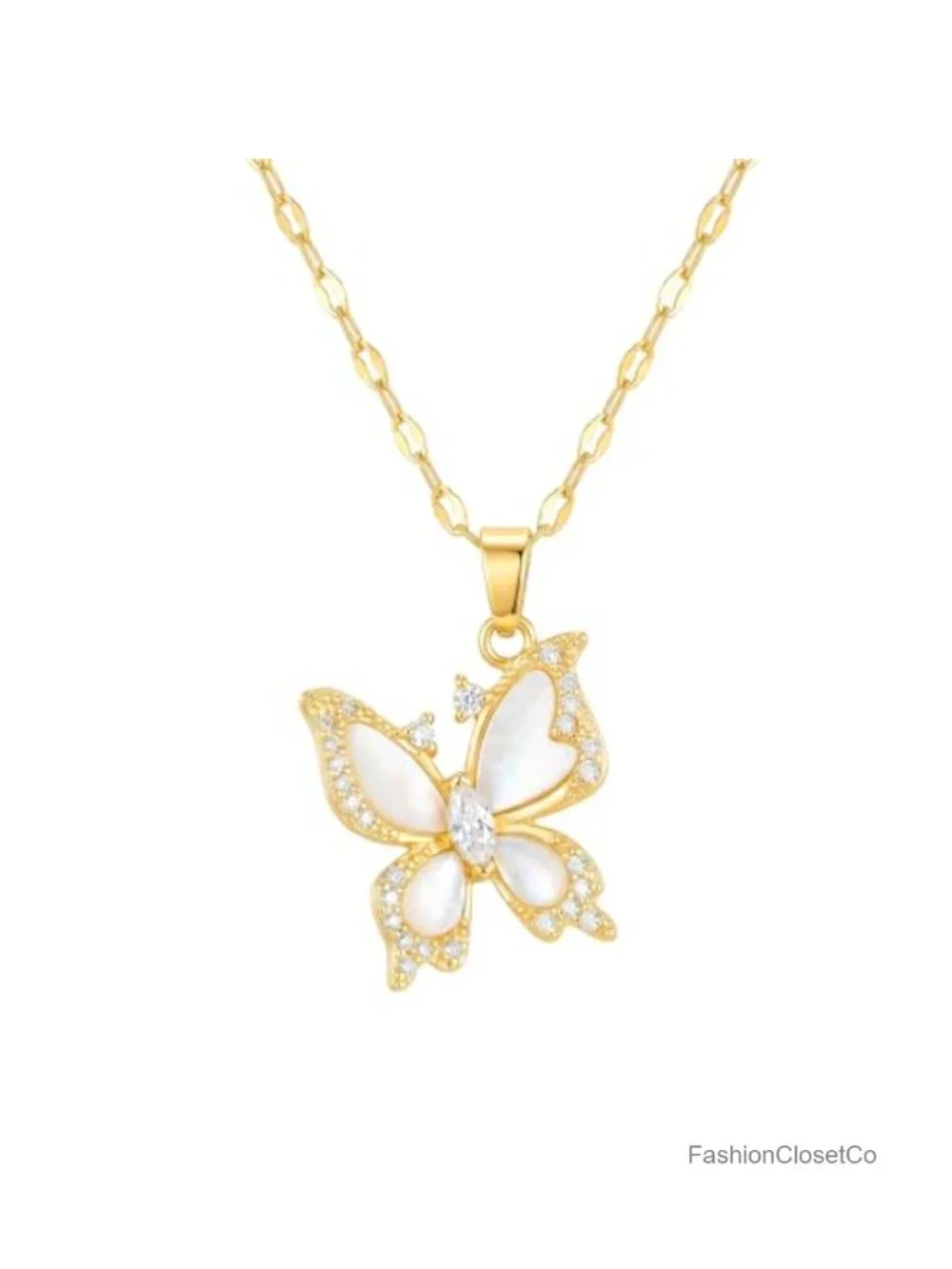 Stainless Steel Butterfly Pendant Necklace Adjustable Chain Cubic Zirconia Gold